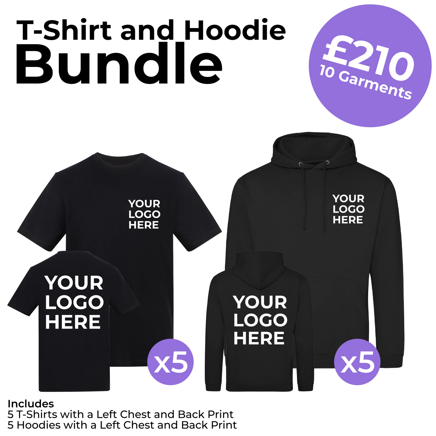 5 T-Shirts and 5 Hoodies Left Chest and Back Print Bundle