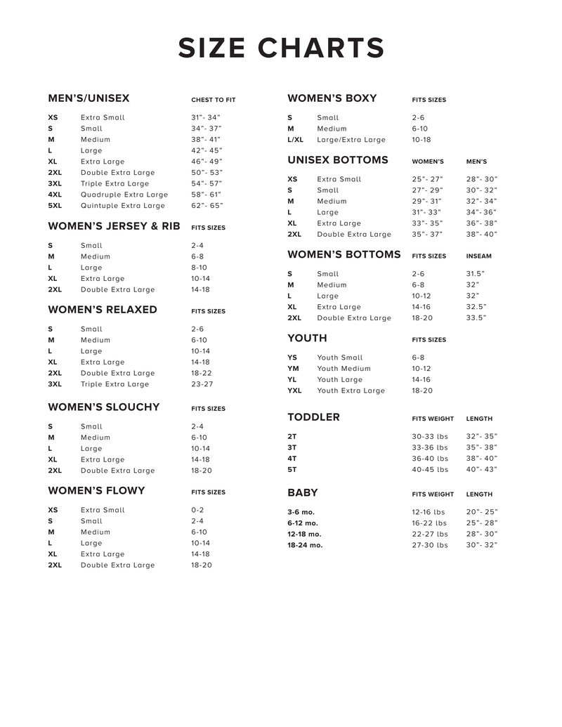 All Garments size guide