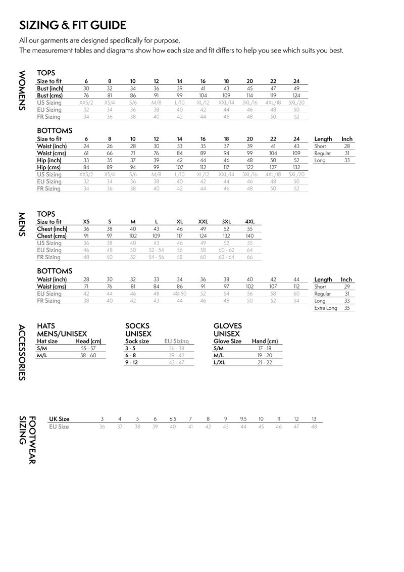All Products size guide