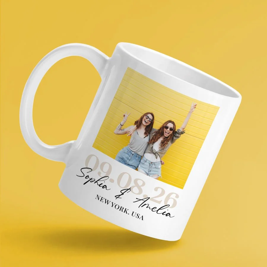 Printed photo mug — a personalised photo, names and date wrapped around a white 11oz mug
